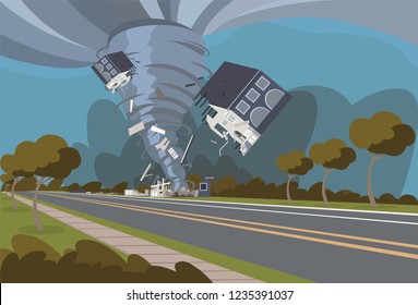 Vector illustration of a destructive hurricane. Vector illustration of a cartoon hurricane destroying a residential building on its way. The concept of climate threat to the population