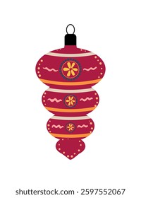 Vector illustration of a detailed abstract Christmas tree bauble with red, orange, and gold patterns, isolated on a white background.