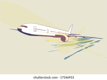 A vector illustration of a detailed airplane flying above the land.  Grunge stale