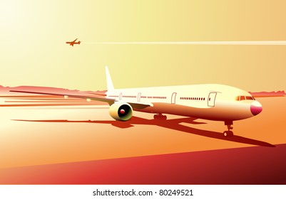 Vektorgrafik eines detaillierten Flugzeugs in der städtischen Flughafenszene.  Retro-Stil.