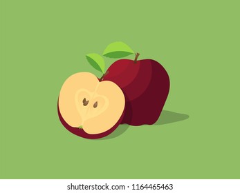 Vector illustration of detailed big shiny red apple. Vector flat illustration. Isolated.