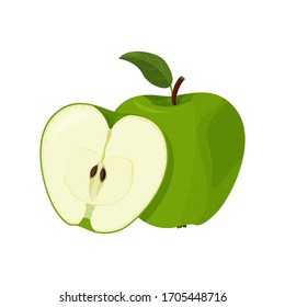 Ilustración vectorial de la manzana verde brillante detallada. Fruta fresca aislada de fondo blanco.