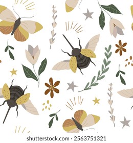 Vector illustration of a detailed black beetle with outstretched wings among colorful butterflies and elegant flowers. Bright, stylized insects and botanical elements. Children's seamless pattern with