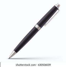 Vector illustration of detailed black classic ballpoint pen isolated on white background.