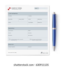 Vector illustration of detailed blue classic ballpoint pen with sample form mock-up svg