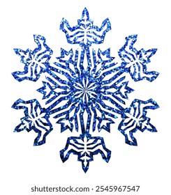 Ilustración vectorial de un copo de nieve azul brillante detallado con patrones geométricos sobre un fondo blanco.