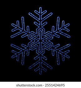 Vektorgrafik einer detaillierten blauen Schneeflocke mit glitzerndem Effekt, die ein kompliziertes geometrisches Muster auf schwarzem Hintergrund zeigt.