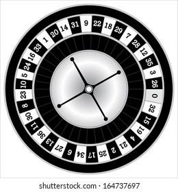 Vector illustration of detailed casino roulette wheel, isolated on white background. 