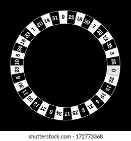 Vector illustration of detailed casino roulette wheel, isolated on black background. Black and white, silver edition.