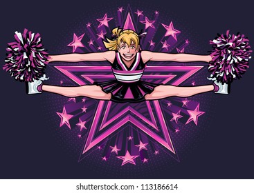 Vector illustration of a detailed cheerleader with pom poms jumping high in the air and performing a toe-touch in from of a zebra stripe shiny star in front of 3d shooting stars of various sizes.