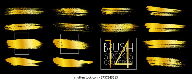 Vector illustration. Detailed closeup brush strokes set. Grungy banner. Dirty graphic background. Design elements for banner, poster, cover, invitation card. Golden ink. Luxury symbol. 
