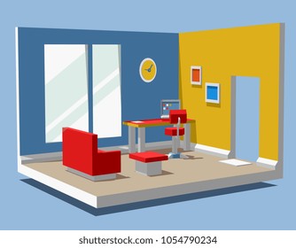 Vector illustration of detailed color side view interior home office room. Isometric 3d style design of abstract office floor department for web, banner, flat interior