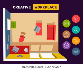 Vector illustration of detailed color top view interior home office room with set of business icons. Isometric 3d style design of abstract office floor department for web, banner, flat interior