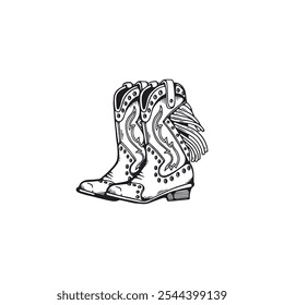 Vector illustration of detailed cowboy boots with a distinct heel, fringe and pattern. The design reflects the essence of the wild West in a vintage style.