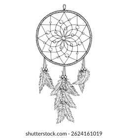 Vector illustration of a detailed dreamcatcher with spiral web, beads, and hanging feathers. Hand-drawn in ink line art style. Perfect for boho designs, spiritual products, crafts, and decor.