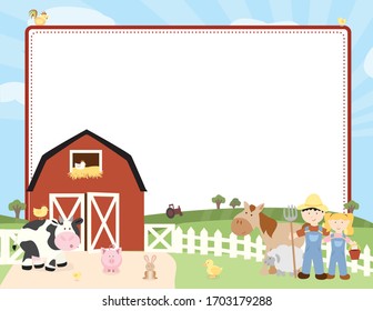 A vector illustration of a detailed farm scene with animals, farmers and a barn on an empty frame for a card or invitation