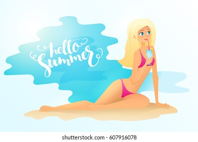 vector illustration of detailed flat blonde girl holding a cocktail. She is sitting on a beach. Poster with lettering - hello summer.