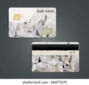 Vector illustration of detailed glossy credit card with design polygon isolated on background.