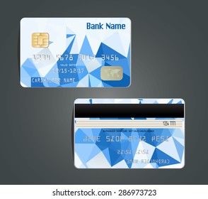 Vector illustration of detailed glossy credit card with design polygon isolated on background.