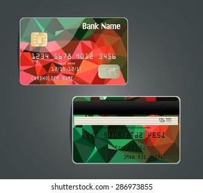 Vector illustration of detailed glossy credit card with design polygon isolated on background.