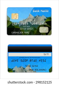 Vector illustration of detailed glossy credit card with design polygon isolated on background.