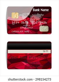 Vector illustration of detailed glossy credit card with design polygon isolated on background.