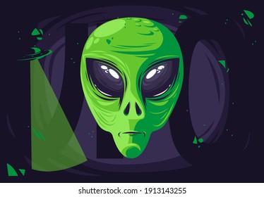 Vector illustration of a detailed head of an alien green creature with large eyes, a ufo