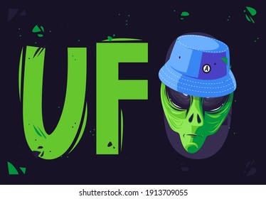 Vector illustration of a detailed head of an alien green creature with a modern youth hat, a headdress on the head of an alien