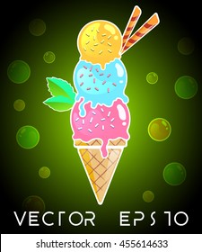 Vector illustration with detailed ice cream cone on dark background. Summer cold dessert with topping and icing in a waffle. Bubbles flying in the back. Pink, blue and yellow scoops