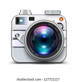 Vector illustration of detailed icon representing metal style photo camera with lens