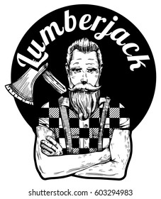 Vector illustration of detailed ink-drawn handsome athletic man with nice full beard, mustaches and ax behind the shoulders. Lumberjack inscription on the background.