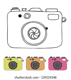 Vector illustration of detailed isolated icons of camera in retro style. Linear drawn image