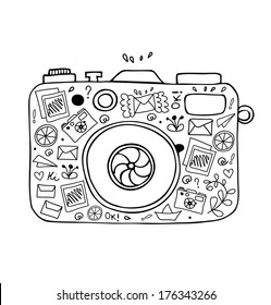 Vector illustration of detailed isolated image of camera with many cute details