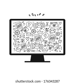 Vector illustration of detailed isolated image of monitor with many cute details. Screen. Computer silhouette