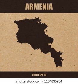 Vector illustration of detailed map of Armenia on craft paper or cardboard