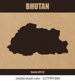 Vector illustration of detailed map of Bhutan on craft paper or cardboard