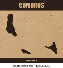 Vector illustration of detailed map of The Comoros on craft paper or cardboard background