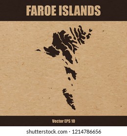 Vector illustration of detailed map of The Faroe Islands on craft paper or cardboard background