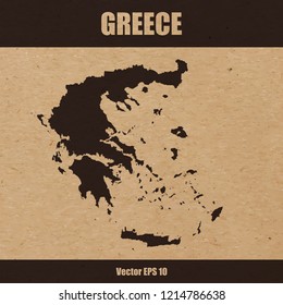 Vector illustration of detailed map of Greece on craft paper or cardboard background