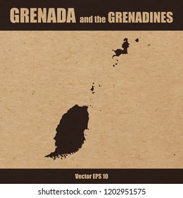 Vector illustration of detailed map of Grenada and the Grenadines islands on craft paper or cardboard