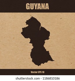 Vector illustration of detailed map of Guyana on craft paper or cardboard