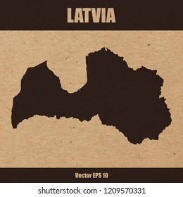 Vector illustration of detailed map of Latvia on craft paper or cardboard background
