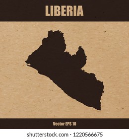 Vector illustration of detailed map of Liberia on craft paper or cardboard background