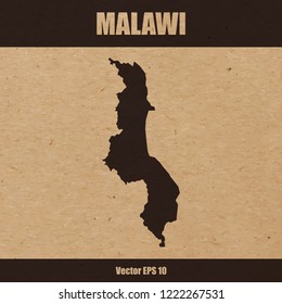 Vector illustration of detailed map of Malawi on craft paper or cardboard background