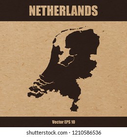 Vector illustration of detailed map of Netherlands on craft paper or cardboard background