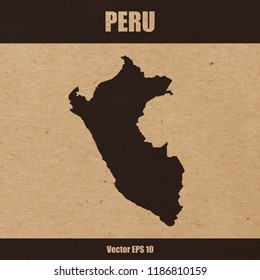 Vector illustration of detailed map of Peru on craft paper or cardboard