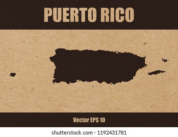 Vector illustration of detailed map of Puerto Rico on craft paper or cardboard