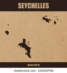 Vector illustration of detailed map of The Seychelles on craft paper or cardboard background