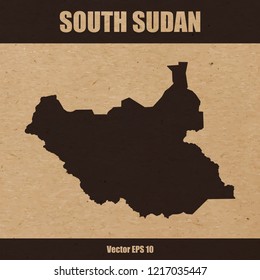 Vector illustration of detailed map of South Sudan on craft paper or cardboard background