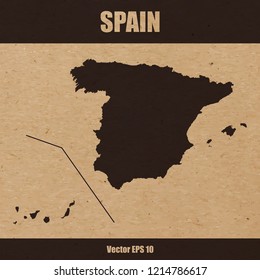 Vector illustration of detailed map of Spain on craft paper or cardboard background